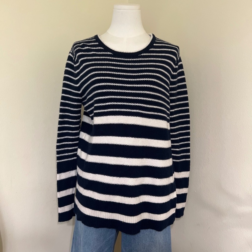 Athleta Navy White Striped Merino Wool Blend Split Hem Sweater XXS RN 54023